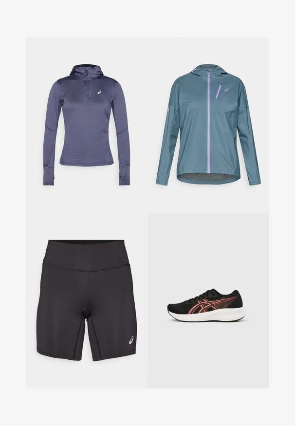 Chaqueta ligera para correr de color verde azulado con cremallera morada, capucha ajustable y puños elásticos. Cuenta con un pequeño bolsillo con cremallera en el pecho.; Camiseta deportiva de manga larga en azul oscuro, con cuello tipo zip, capucha y agujeros para los pulgares. Tejido texturizado con un patrón geométrico. Logo en el pecho.; Pantalones cortos deportivos negros con una textura suave, diseño ajustado y una cinturilla alta. Presentan costuras en contraste y un pequeño logo en la parte inferior de la pierna.; Calzado deportivo negro ligero con parte superior de malla, detalles en rojo contrastante, puntera redondeada y suela acolchada blanca. Nombre del modelo: Patriot 14.