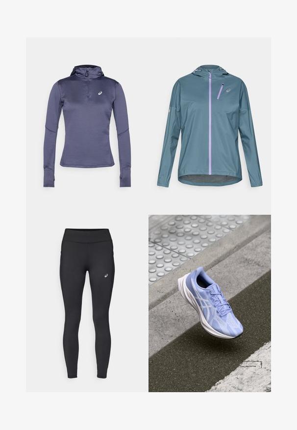 Veste de course légère couleur sarcelle avec une fermeture éclair violette, une capuche ajustable et des poignets élastiques. Dispose d'une petite poche zippée sur la poitrine.; T-shirt de sport à manches longues en bleu foncé, avec un col zippé, une capuche et des ouvertures pour les pouces. Tissu texturé avec un motif géométrique. Logo sur la poitrine.; ASICS CORE WINTER - Collants hiver - performance black; Baskets de course bleu clair avec un dessus en mesh, motifs texturés et accents blancs. Présentent une semelle rembourrée et des lacets pour un maintien sécurisé.