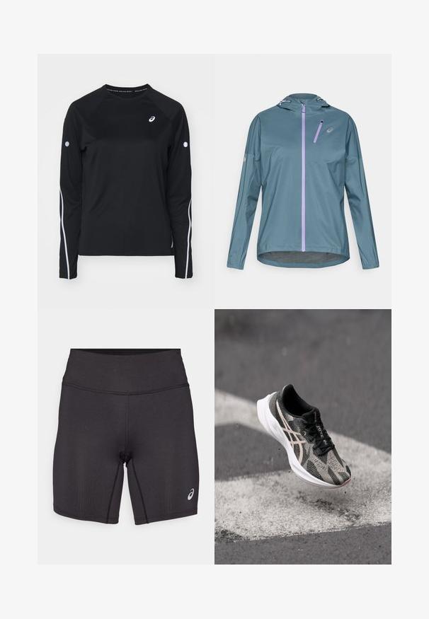 Veste de course légère couleur sarcelle avec une fermeture éclair violette, une capuche ajustable et des poignets élastiques. Dispose d'une petite poche zippée sur la poitrine.; T-shirt de sport noir à manches longues avec des manches raglan, bandes réfléchissantes blanches sur les côtés et col rond. Présente un petit logo sur la poitrine.; Shorts de sport noirs avec une texture lisse, un design ajusté et une taille haute. Ils présentent des coutures contrastantes et un petit logo sur la jambe inférieure.; Baskets de course noires et grises avec une tige texturée, dotées d'un système de laçage et d'une semelle blanche. Agrémentées de détails réfléchissants.