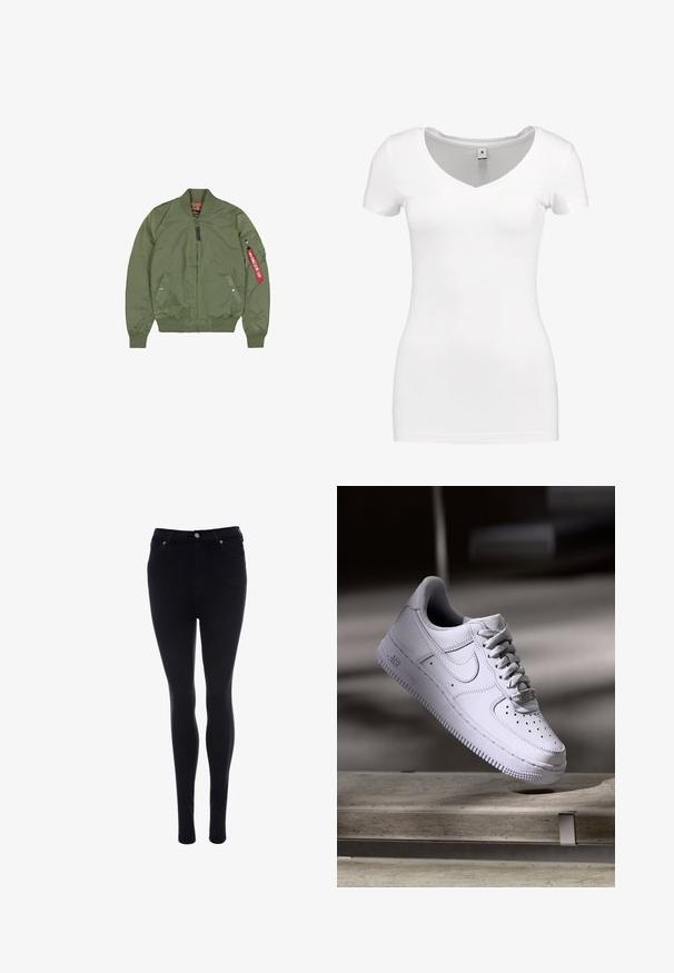 Olijfgroene bomberjack met ritssluiting aan de voorkant, geribbelde boorden en zoom, zijzakken en een ritszak op de mouw met een rood stoffen label.; G-STAR BASE - T-shirt basic - white; Zwarte high-waisted skinny jeans met voorknop en rits, voor- en achterzakken, afgebeeld tegen een witte achtergrond.; Witte Nike Air Force 1 sneaker die zweeft boven een betonnen oppervlak met schaduwen in een minimalistische setting.