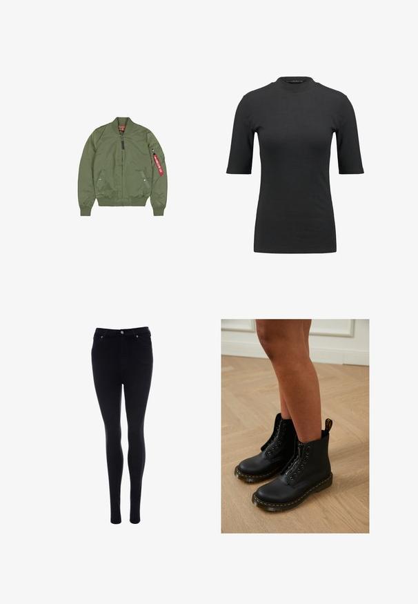 Chaqueta bomber verde oliva con cierre frontal de cremallera, puños y dobladillo acanalados, bolsillos laterales y un bolsillo con cremallera en la manga con una etiqueta de tela roja.; Camiseta negra de canalé con un cuello alto y mangas cortas. Diseño liso y ajustado sin patrones ni detalles de hardware visibles.; Vaqueros skinny negros de denim con una textura suave. Presentan un cierre frontal de botón y cremallera, cinco bolsillos y un ajuste elegante.; Botas de cuero negro hasta el tobillo con diseño de cremallera y cordones, que presentan costuras amarillas y una suela gruesa y texturizada.
