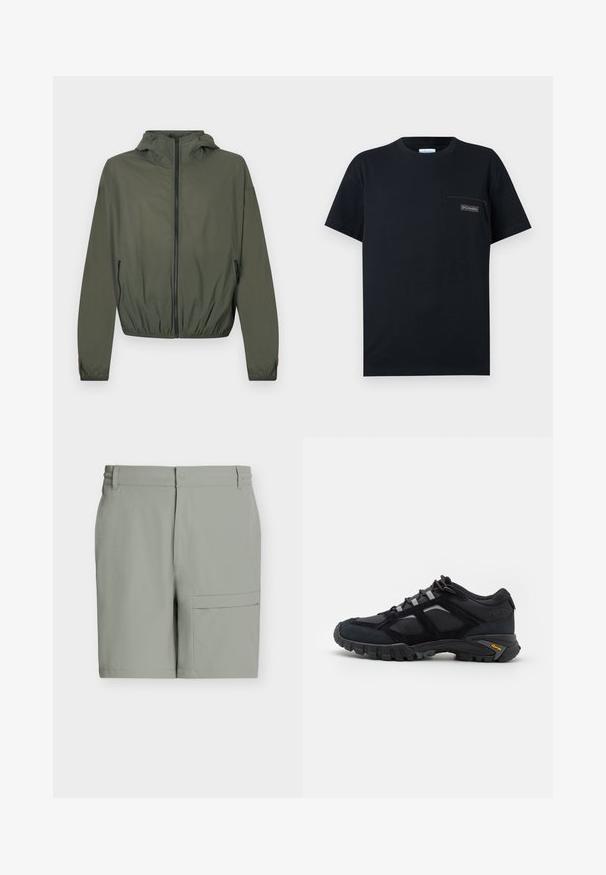 Veste légère vert olive avec capuche, fermeture éclair intégrale, poignets élastiqués et taille froncée. Comprend des poches latérales zippées.; T-shirt noir à manches courtes avec col rond et petite poche zippée sur le côté gauche de la poitrine, ornée d'un écusson avec le logo Columbia.; Short homme gris clair avec bouton à l'avant, fermeture éclair, passants de ceinture, poches latérales et une poche à rabat sur la cuisse droite.; Chaussure extérieure noire en daim et en maille avec une semelle robuste. Présente des accents gris et une marque Vibram sur le côté. Design à lacets.