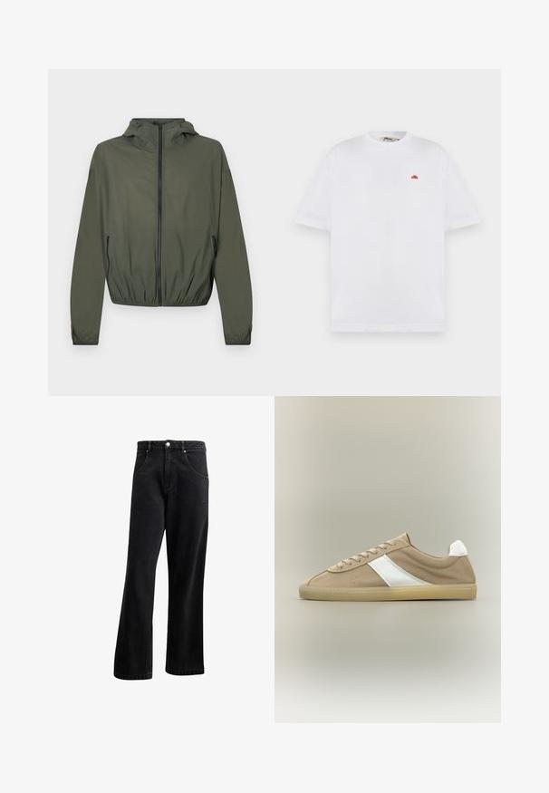 Olijfkleurig lichtgewicht jack met capuchon, volledige ritssluiting, elastische manchetten en een geplooide tailleband. Voorzien van zijritszakken.; Witte T-shirt met korte mouwen, een ronde hals en een klein rood logo op de linkerborst.; Zwarte denim jeans met een recht gesneden ontwerp, voorzien van voorzakken, een knoopsluiting en een lichte textuur. Inclusief een subtiele logo-detail.; Lichtbruine suède sneaker met beige zool, witte hielstrook, witte zijstreep en vetersluiting op een neutrale achtergrond.