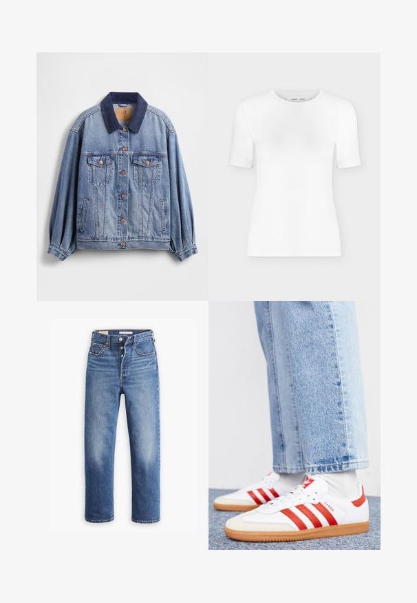 Veste en denim bleu clair avec col en velours côtelé bleu marine, boutons en cuivre, deux poches poitrine et poches latérales ; dotée d'une coupe décontractée et de manches plissées.; T-shirt blanc à manches courtes avec col rond, coupe slim et texture de tissu côtelé, présenté sur un fond uni gris clair.; Jean en denim bleu avec une taille haute, une coupe droite et des zones décolorées. Comprend des poches avant et des accessoires métalliques.; Baskets en cuir blanc avec des rayures et des accents rouges. Dotées d'une semelle extérieure en gomme texturée et d'un col rembourré. Portées avec un jean en denim bleu clair.