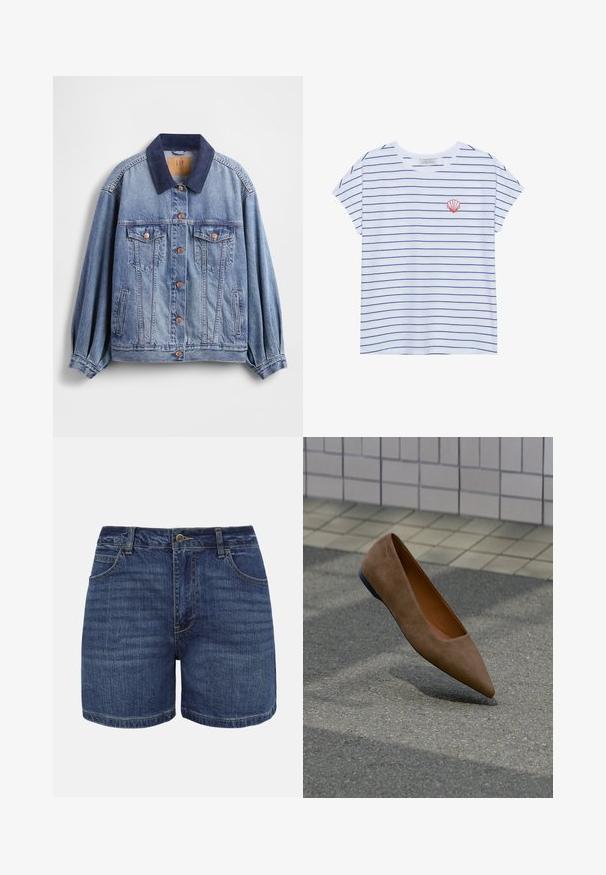 Veste en denim bleu clair avec col en velours côtelé bleu marine, boutons en cuivre, deux poches poitrine et poches latérales ; dotée d'une coupe décontractée et de manches plissées.; T-shirt en coton blanc avec des rayures horizontales bleu marine, col rond et manches courtes. Présente une broderie de coquillage rouge sur la poitrine gauche.; Shorts en denim bleu foncé avec bouton frontal, fermeture éclair, passants pour ceinture et poches avant, présentés sur un fond blanc.; Chaussure plate en daim marron à bout pointu flottant au-dessus de l'asphalte avec un mur carrelé et un trottoir en arrière-plan.
