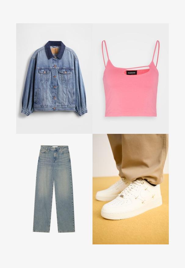 Lyseblå denimjakke med mørkeblå fløjlskrave, kobberknapper, to brystlommer og sidelommer; har en afslappet pasform og plisserede ærmer.; Even&Odd Top - pink; Lyseblå højtaljede lige ben jeans i denim med forlommer, bæltestropper og synlig knap- og lynlåslukning.; Hvide lædersneakers med perforeret tå, gyldne accenter og flade snørebånd, parret med beige bukser på en struktureret gul overflade.