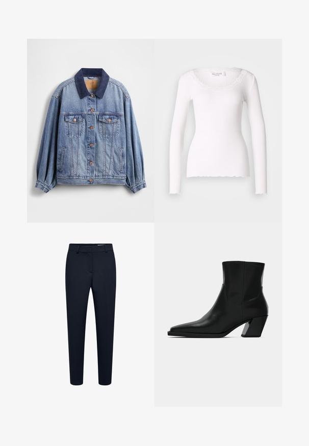 Veste en denim bleu clair avec col en velours côtelé bleu marine, boutons en cuivre, deux poches poitrine et poches latérales ; dotée d'une coupe décontractée et de manches plissées.; Top blanc à manches longues en ribbed avec un col et un ourlet en dentelle festonnée, fabriqué dans un tissu doux et extensible. Design ajusté avec des manches slim.; Pantalon noir slim-fit sur mesure avec passants pour ceinture et fermeture avant cachée, adapté pour une tenue formelle ou de bureau.; Bottine en cuir noir avec un bout pointu, une silhouette élégante et un talon carré massif. Texture lisse avec des détails de couture minimalistes.