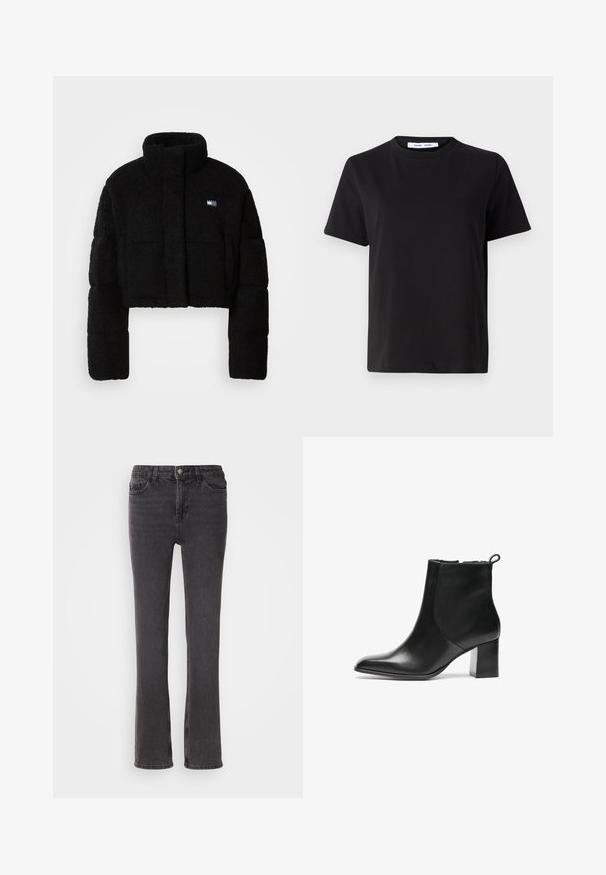 Schwarze, kurze Jacke mit strukturiertem Design, hoher Kragen, gepolsterten Ärmeln und einem weichen, strukturierten Material. Kleines Logo auf der Vorderseite.; Schwarzes T-Shirt mit kurzen Ärmeln aus weicher Baumwolle, mit rundem Ausschnitt, lockerer Passform und glatter Textur. Keine sichtbaren Muster oder Grafiken.; Schwarze Denim-Jeans mit geradem Bein, ausgestattet mit Fronttaschen, einem Reißverschluss und dezenten Steppdetails. Der Stoff hat eine leichte Textur.; Schwarze Leder-Ankle-Boots mit runder Spitze, moderatem Blockabsatz und einer Schlaufe an der Rückseite. Glatte Textur, minimales Design.