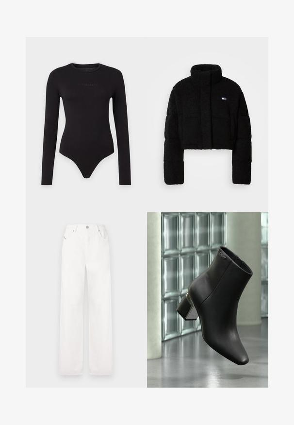 Zwarte cropped jas met een gestructureerd ontwerp, voorzien van een hoge kraag, gewatteerde mouwen en een zachte, textuurachtige stof. Klein logo op de voorkant.; Zwarte lange mouwen bodysuit van zacht materiaal, met een ronde hals en een tekstuur op de voorkant met het "Guess Jeans" logo.; Witte katoenen wijde broek met een klassiek vijf-pocketontwerp en een metalen knoopsluiting, met subtiele stikdetails.; Zwarte leren enkellaars met blokhak, DKNY-logo nabij de bovenkant, getoond tegen een glazen blokmuur en gepolijste betonvloer.