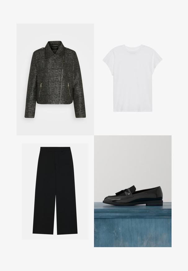 Sort cropped jakke med metallic tekstur, der har en spids krave, asymmetrisk lynlås og to sidelommer med lynlås.; Hvid kortærmet t-shirt med rund hals, afslappet pasform, lavet af blødt bomuldsstof. Glat tekstur, ingen mønstre eller logoer.; Breddebenede sorte bukser lavet af et glat stof. Har en flad talje med bæltestropper og ingen synlige lommer. Simpelt design.; Sorte patenterede lædersko med flad hæl, med et frynsedetalje og glat overflade, designet med en rund tå og subtil søm.