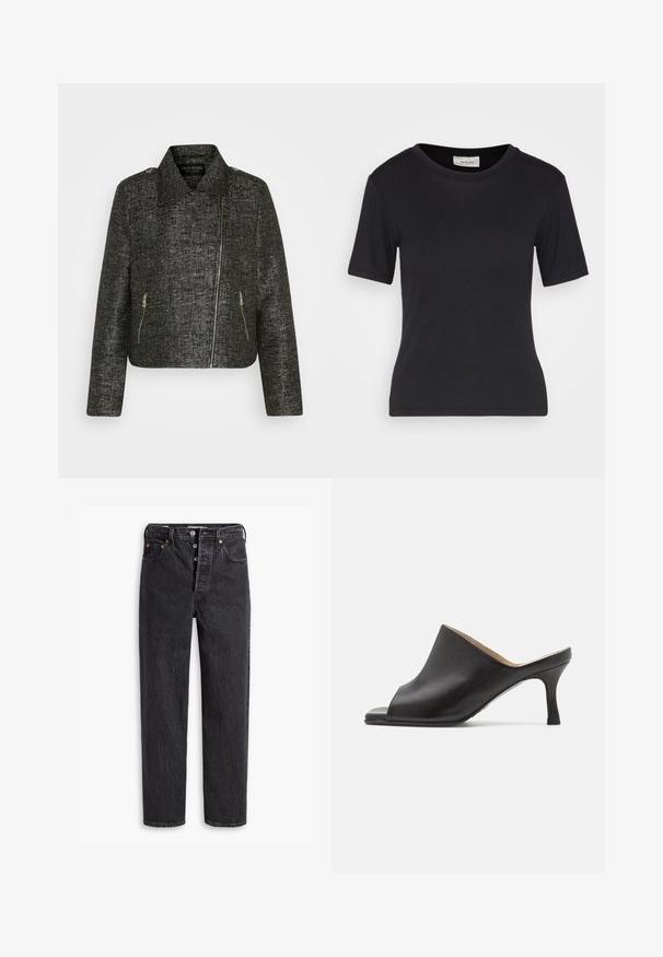 Zwarte cropped jacket met metallic textuur, voorzien van een puntige kraag, asymmetrische rits en twee zijvakjes met rits.; Zwarte kortsleevenshirt van zachte stof, met een ronde hals, aansluitende pasvorm en schone naden, zonder patronen of graphics.; Zwarte denim jeans met een rechte pijp, voorzien van een knoopsluiting, koperen hardware-accenten en een subtiele textuur. Klassiek vijf-pocket ontwerp.; Selected ASHLEY - Muiltjes met hak - black