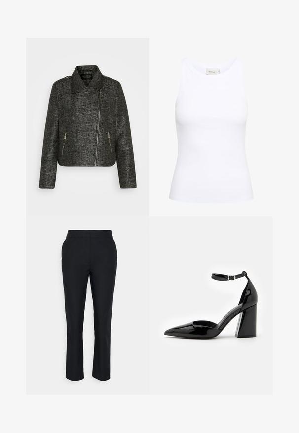 Sort cropped jakke med metallic tekstur, der har en spids krave, asymmetrisk lynlås og to sidelommer med lynlås.; Hvid ribbet tanktop med rund halsudskæring og uden ærmer. Strækbart stof og tætsiddende design. Etiketten bagpå viser "GESTUZ."; Sorte skræddersyede bukser med lige ben, lavet af glat stof. Har en talje med ingen synlige lukninger eller lommer.; Sorte patenterede læder høje hæle med spids tå, ankelrem og bred blokhæle for stabilitet, med en glat og skinnende overflade.