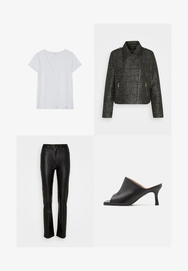 Sort cropped jakke med metallic tekstur, der har en spids krave, asymmetrisk lynlås og to sidelommer med lynlås.; Hvid V-hals t-shirt med korte ærmer, lavet af letvægtigt stof, med en glat tekstur og en afslappet pasform. Ingen mønstre eller accenter.; Sorte læderbukser med en glat tekstur, slim fit og standard talje, med en knaplukning og to forlommer.; Selected ASHLEY - Mules med hæl - black