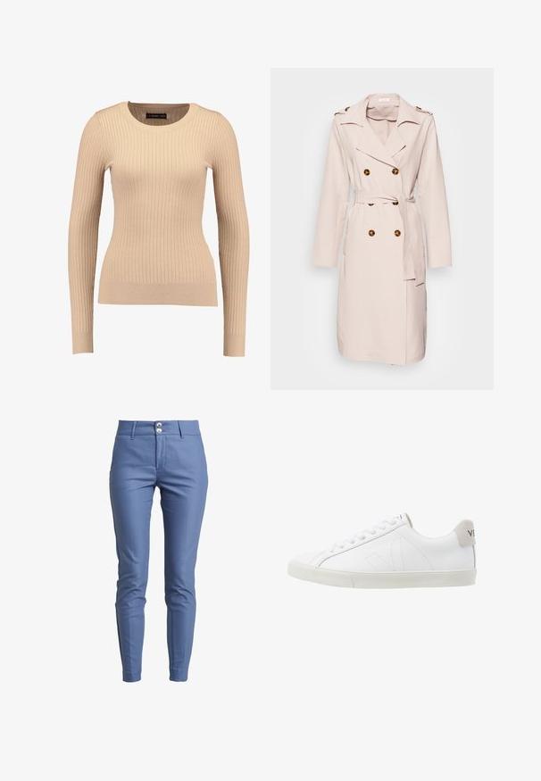 Beige trenchcoat van gladde stof, met een dubbele sluiting, grote knopen en een ceinture taille. Lange mouwen en een reverskraag.; Geribbelde lange mouwen trui in lichtbeige, gemaakt van rekbaar materiaal. Kenmerkt zich door een ronde halslijn en een getailleerde pasvorm met gebande mouwen.; Slim-fit herenbroek in lichtblauwe stof met een gladde textuur, voorzien van een vlakke voorkant en een tailleband met twee knopen.; Witte leren sneakers met een getextureerde lichtgrijze rubberen zool. Kenmerken zijn onder meer veters, subtiele stiksels en een grijze suède hielaccent.