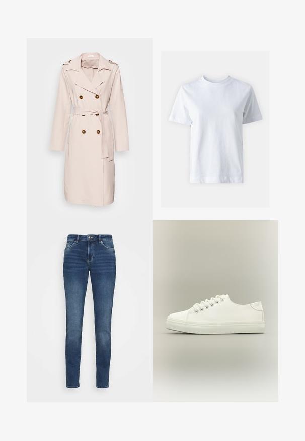 Beiger Trenchcoat aus glattem Stoff, mit einem doppelt knöpfbaren Design, großen Knöpfen und einem Gürtel in der Taille. Lange Ärmel und Reverskragen.; Weißes Baumwoll-T-Shirt mit Rundhalsausschnitt, kurzen Ärmeln, gerader Schnittführung und glatter Textur. Keine Muster oder Verzierungen.; Dunkelblaue Denim-Jeans mit einer taillierten Passform, fünf Taschen, leichten Verwaschungen an der Vorderseite und Metallbeschlägen am Bund und an den Taschen.; Weißer Low-Top-Sneaker mit weißen Schnürsenkeln und Gummisohle, seitlich auf neutralem Hintergrund dargestellt.