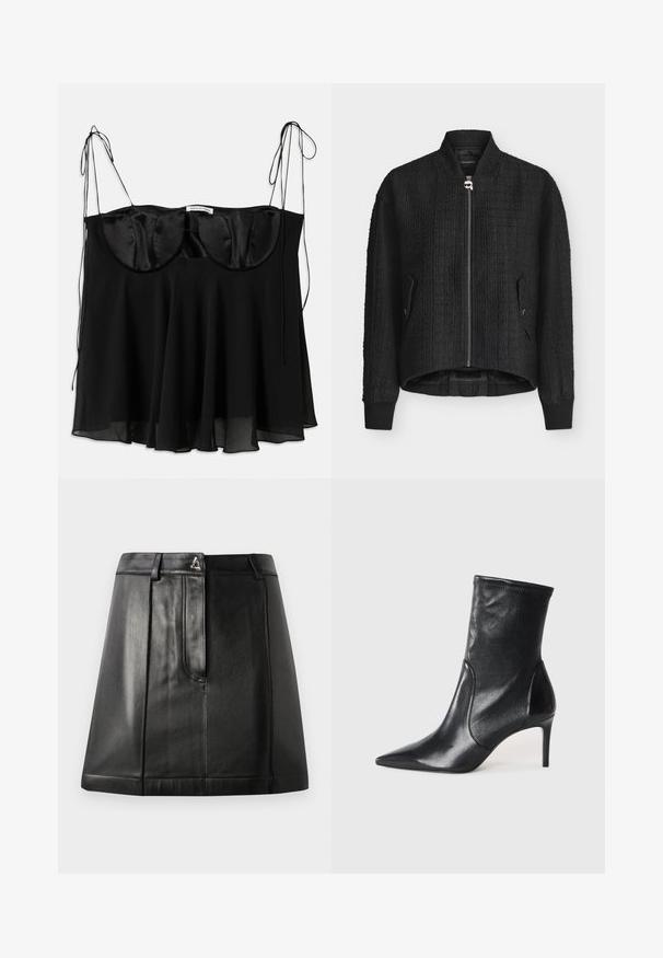 Schwarze, strukturierte Bomberjacke mit Frontreißverschluss und zwei seitlichen Taschen, gerippten Bündchen und leicht verlängertem Rückensaum.; Schwarzes Top aus Satin und transparentem Stoff, mit einer strukturierten Büste mit abgerundeten Kanten, verstellbaren Bändern und einem ausgestellten Saum.; Schwarzer Lederrock mit strukturiertem Schnitt, ausgestattet mit einer Vordertasche und einem metallischen Akzent an der Taille. Glatte Textur und genähte Details.; Schwarze Stiefeletten aus glattem Leder, mit einer spitzen Zehe, schmalem Schaft und schlanker, hoher Ferse. Minimalistisches Design ohne sichtbare Beschläge.