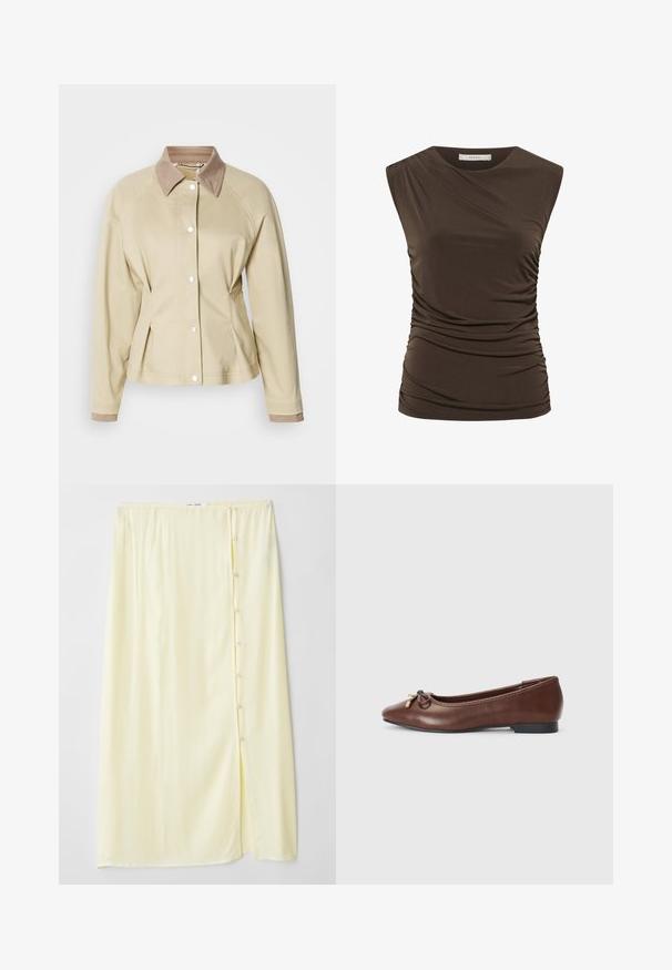 Beige jakke med en kontrasterende tan krave, knaplukning med snapknapper og raglanærmer. Funktioner et figursyet design og glat tekstur.; Ærmeløs mørkebrun top med asymmetrisk udskæring og sammentrukne stofdetaljer på siderne og taljen.; Lang, lys gul nederdel lavet af blødt stof med slids i siden og knaplukning, der har en glat tekstur og afslappet pasform.; Brune læderballetsko med rund tå, lille sort hæl og en dekorativ sløjfe med guldaccenter foran. Glat tekstur.