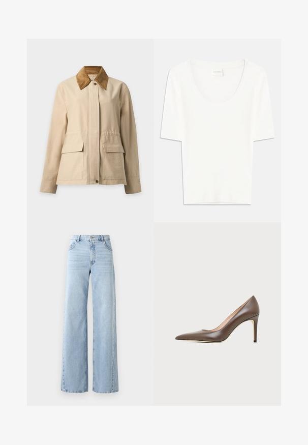 Beige Jacke mit braunem Cordkragen, vorderen Druckknöpfen, langen Ärmeln und zwei großen vorderen Klappentaschen.; Weißes T-Shirt mit kurzen Ärmeln und rundem Ausschnitt. Hergestellt aus weichem Baumwollstoff, bietet es einen lässigen Schnitt und ein minimalistisches Design.; Weite helle blaue Jeans mit hoher Taille, fünf Taschen und ausgewaschenem Look. Verfügt über gesteppte Details und einen geraden Schnitt am Saum.; Brauner Leder-Pumps mit spitzer Spitze, schlankem Stiletto-Absatz und glatter Oberfläche auf hellem Hintergrund.