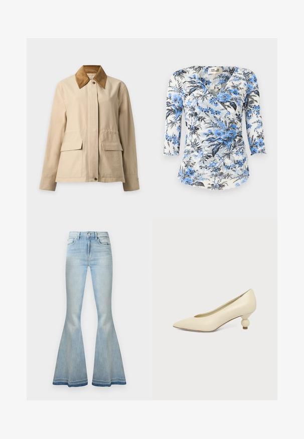 Veste beige avec col en velours côtelé marron, boutons-pression à l'avant, manches longues et deux grandes poches à rabat à l'avant.; Blouse cache-cœur blanche avec motif floral bleu et noir, manches trois-quarts, et petite étiquette de taille au niveau de l'encolure.; Jean en denim bleu clair taille haute avec jambes évasées, fermeture avant par boutons et zip, poches devant et derrière.; Chaussure femme couleur crème à bout pointu avec un petit talon rond en forme de boule, sur fond uni.