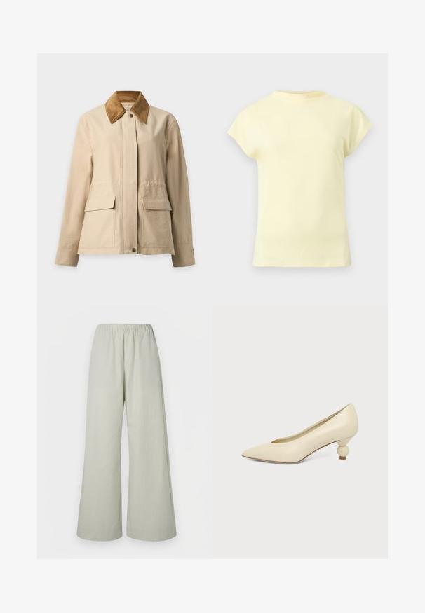 Beige jacket with brown corduroy collar, front snap buttons, long sleeves, and two large front flap pockets.; Light yellow, short-sleeve t-shirt with a round neckline, displayed on a neutral light gray background.; Light green wide-leg pants with an elastic waistband, featuring a textured fabric and no visible hardware or patterns.; Cream-colored women's pointed-toe low heel shoe with a round, ball-shaped heel on a plain background.