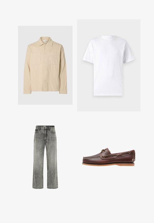 Veste en velours côtelé beige avec manches longues, deux poches poitrine, fermeture par boutons et col classique sur fond gris clair.; T-shirt blanc à manches courtes en coton avec un col rond, présentant une texture lisse et un design simple, sans motifs ni accents.; Jean large gris en denim avec une finition délavée. Comprend des poches avant, des passants de ceinture et une fermeture éclair avec un bouton.; Chaussure bateau en cuir marron avec coutures blanches, détails de lacets et semelle en caoutchouc beige, vue de côté sur fond blanc.