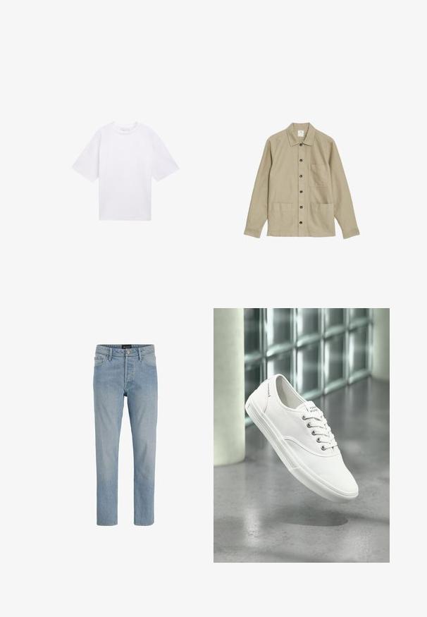 Chaqueta beige hecha de algodón, con cuello con solapa, mangas largas, botones frontales y dos grandes bolsillos frontales para mayor detalle.; Camiseta blanca de manga corta hecha de algodón. Corte relajado con cuello redondo. Textura suave y sin patrones o acentos visibles.; Vaqueros de mezclilla azul claro con corte recto, diseño de cinco bolsillos, cierre de botón y un acabado ligeramente desgastado.; Zapatilla blanca de lona baja con cordones, etiquetada como Tommy Hilfiger, mostrada flotando sobre un suelo gris liso cerca de una pared de bloques de vidrio.