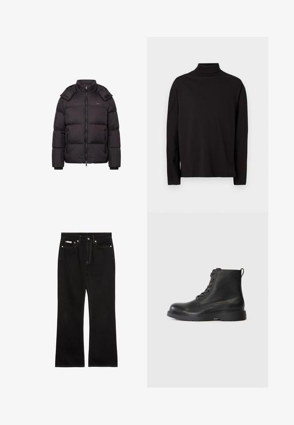 Doudoune noire avec col haut, fermeture éclair à l'avant, poches latérales zippées et rabats d'épaule détachables, présentée sur fond blanc.; Haut à col roulé noir à manches longues en tissu doux et lisse, avec une coupe décontractée et sans motifs ni accents visibles.; Jean noir droit avec coutures orange, cinq poches, fermeture par bouton, et une petite étiquette Calvin Klein sur la poche avant droite.; Bottine noire en cuir texturé avec un bout rond, un design à lacets, et une solide semelle en caoutchouc noir. Elle est dotée d'une boucle au talon.