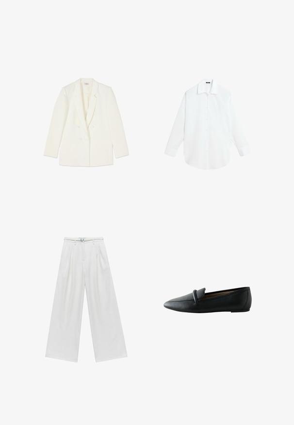 Blazer blanc à double boutonnage avec revers à crans, manches longues, deux poches avant et boutons recouverts de tissu.; Chemise blanche à manches longues boutonnée, avec col classique et poignets, présentée à plat sur fond blanc.; Pantalons larges en tissu blanc, dotés d'une taille ceinturée, de plis à l'avant et d'une texture lisse partout.; Mocassin plat en cuir noir avec un bout rond et une bride sur le dessus, vu de côté.