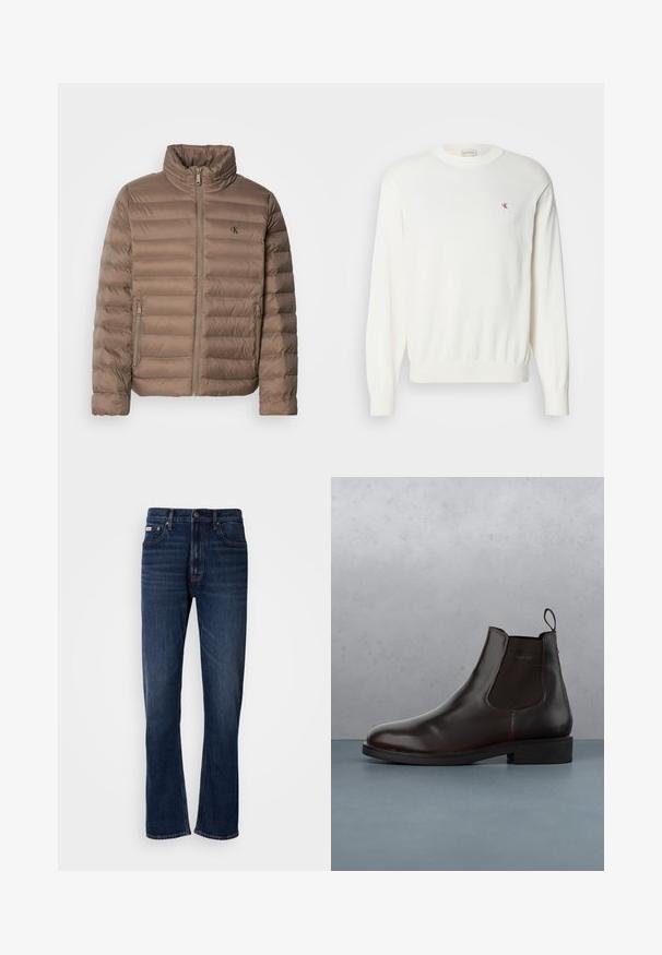 Brun polstret jakke med høj krave, horisontal quiltet design, lynlås foran og sidelommer. Har et logo på brystet.; Hvid strikket sweater med lange ærmer, ribbede manchetter og kant, med et lille rødt logo på brystet. Blød tekstur, rund halsudskæring.; Mørkeblå denim jeans med lige ben-design, der har fem lommer, lynlås og kontrastsyninger. Tekstureret stof med en glat overflade.; Brune læder Chelsea støvle med elastiske sidepaneler, en hælletab, og en glat finish, placeret på en tekstureret murstens- og grusoverflade.