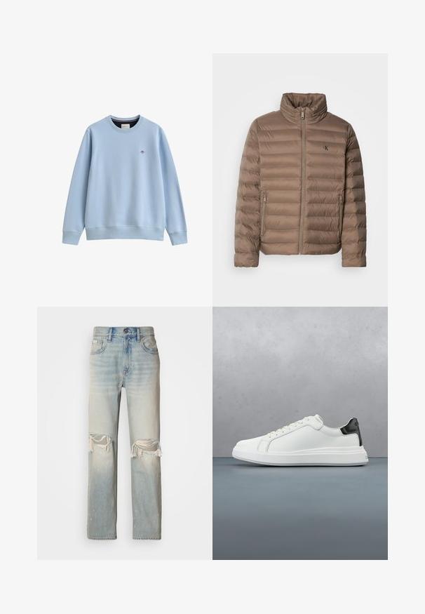 Brun polstret jakke med høj krave, horisontal quiltet design, lynlås foran og sidelommer. Har et logo på brystet.; Lyseblå crewneck sweatshirtt med ribbede manchetter og kant, med en lille broderet logo på venstre bryst.; Lyseblå denimjeans med høj talje, brede ben og markante revner ved knæene. Har frynset kant og subtil fading.; Hvide sneakers med en glat læderoverdel og en kontrasterende sort hælaccents. Har flade snørebånd og en tekstureret gummisål.