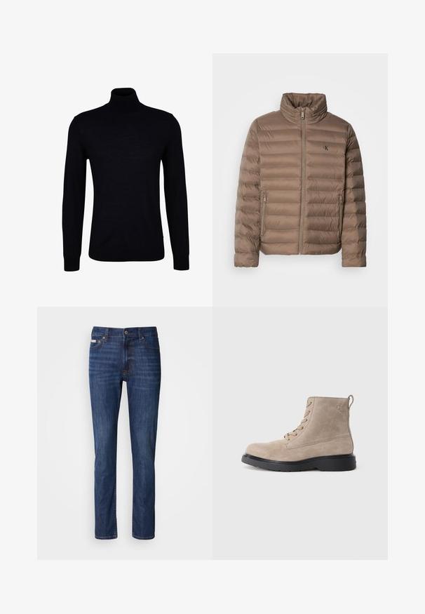 Veste rembourrée marron avec un col montant, design matelassé horizontal, fermeture éclair à l'avant et poches latérales. Caractérisée par un logo sur la poitrine.; Pull en laine noire avec un tricot lisse. Doté de manches longues, d'un col ajusté et de bords côtelés aux poignets et à l'ourlet pour un ajustement snug.; Jeans en denim bleu foncé à coupe droite, design à cinq poches, fermeture par bouton et détails légèrement délavés sur le devant.; Bottines en daim beige avec semelle en caoutchouc noir, design à lacets, et un petit logo embossé sur le côté, avec une languette à l'arrière.