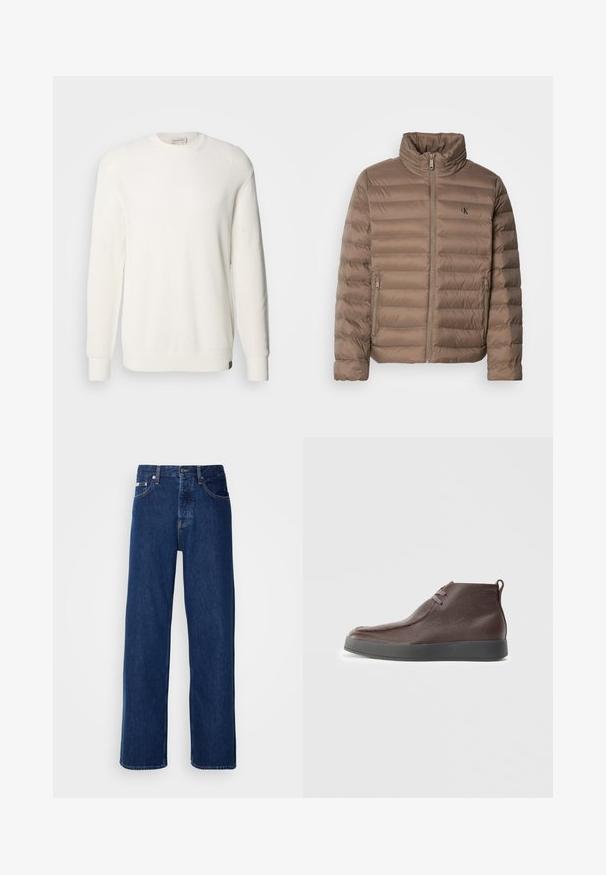 Hnedá prešívaná bunda s vysokým golierom, horizontálnym prešívaním, predným zipsom a bočnými vreckami. Na hrudi je umiestnené logo.; Calvin Klein Jeans CREW - Svetrík - tofu; Tmavomodré džínsy s širokým strihom, s gombíkovým zapínaním a klasickým piatym vreckovým dizajnom. Tkanina má hladkú textúru.; Hnedé kožené členkové topánky s textúrovaným povrchom, mäkkou zaoblenou špičkou a šedou gumovou podrážkou, s dvoma otvormi na šnúrky.