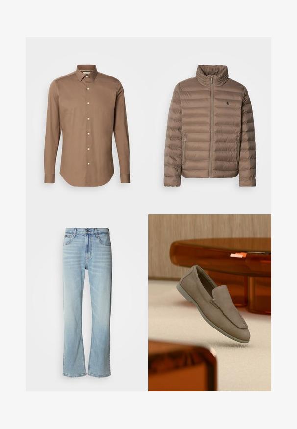 Veste rembourrée marron avec un col montant, design matelassé horizontal, fermeture éclair à l'avant et poches latérales. Caractérisée par un logo sur la poitrine.; Calvin Klein SLIM - Chemise - new tan; Jeans en denim bleu clair avec une coupe droite, dotés de cinq poches, d'une fermeture à bouton et d'une légère décoloration sur le tissu.; Mocassin beige en daim à enfiler avec coutures visibles et semelle claire, positionné au-dessus d'un tapis crème, avec un meuble translucide orange en arrière-plan.