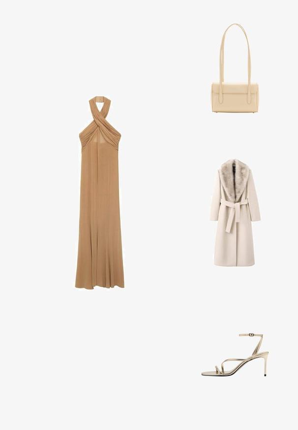 Beige jas met een bontkraag, lange mouwen en een ceintuur in de taille. Gemaakt van zacht materiaal met een gladde textuur, heeft een rechte snit.; Halterneck jurk in zacht beige stof, met geplooide details bij de halslijn en een vloeiende, lange ontwerp tot op de vloer.; Gouden sandalen met hoge hak en dunne enkelriem met gesp, slanke hak en open teen op witte achtergrond.; Beige rechthoekige schoudertas met lange dubbele banden en klepsluiting, afgebeeld tegen een witte achtergrond.