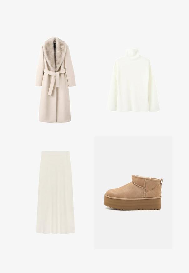 Manteau beige avec col en fourrure, manches longues et taille ceinturée. Fabriqué en matériau doux à texture lisse, présente une coupe droite.; Pull à col roulé en maille côtelée blanche, manches longues et coupe décontractée sur un fond uni.; Une jupe crème, longueur genou, confectionnée dans un tissu doux, avec une texture lisse et une taille ajustée pour plus de confort.; Bottines en suede beige avec un intérieur moelleux, dotées d'une semelle compensée et d'une languette à l'arrière pour un enfilage facile. Semelle extérieure en caoutchouc texturé.