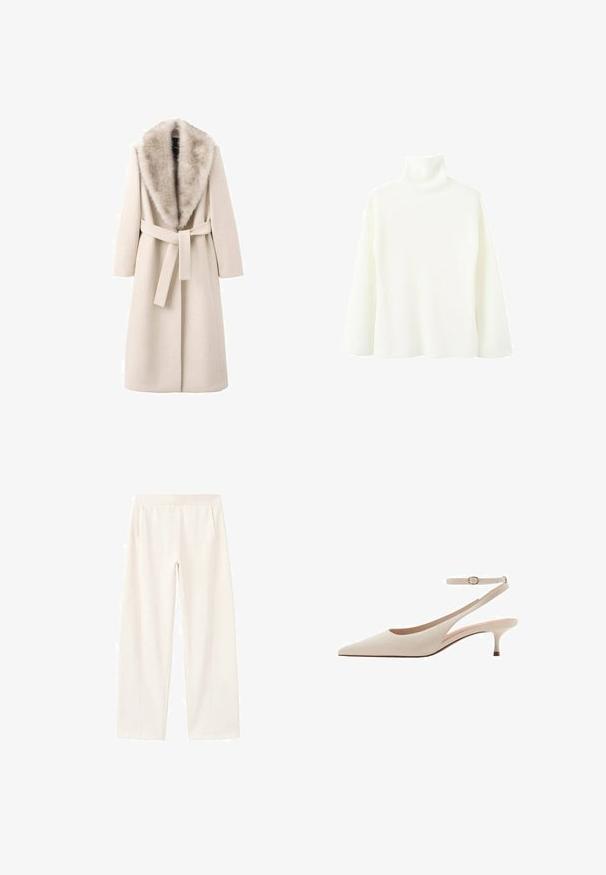 Beige frakke med pelskrave, lange ærmer og bælte i taljen. Fremstillet af blødt materiale med en glat tekstur, har en lige snit.; Hvid ribstrikket rullekrave sweater med lange ærmer og en afslappet pasform på en ensfarvet baggrund.; Off-white bukser med vide ben, elastisk taljebånd og sidelommer, lavet af et blødt og glat stof.; Spids-tået beige slingback pump med en slank hæl og justerbar ankelrem. Glat tekstur med minimalistisk design og ingen synlige mønstre.