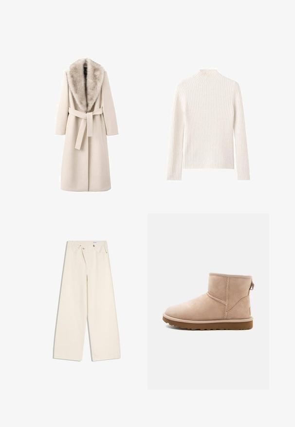 Beige jas met een bontkraag, lange mouwen en een ceintuur in de taille. Gemaakt van zacht materiaal met een gladde textuur, heeft een rechte snit.; Geribbelde coltrui in off-white, gemaakt van zachte gebreide stof. Heeft lange mouwen en een aansluitend silhouet.; Off-white wijde broek met steekzakken aan de voorkant, lussen voor een riem en zilveren knopen op de tailleband en de randen van de zakken.; Beige suède enkellaars met een ronde neus, gestikte accenten en een gestructureerde bruine rubberen zool. Beschikt over een trekband aan de achterkant.