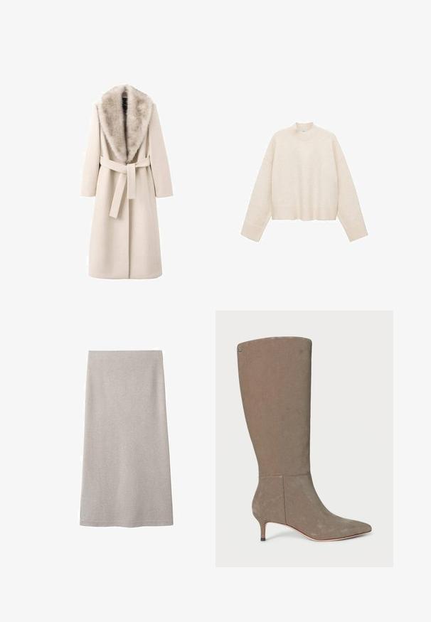 Beige jas met een bontkraag, lange mouwen en een ceintuur in de taille. Gemaakt van zacht materiaal met een gladde textuur, heeft een rechte snit.; Crème pullover trui gemaakt van zachte stof, met een hoge nek, verlaagde schouders en een cropped ontwerp met geribde boorden.; Beige rechte rok tot de knie met een eenvoudige, gladde structuur en zonder zichtbare patronen of versieringen.; Grijze suède laarzen tot de knie met een spitse neus en een lage hak, voorzien van een strakke uitstraling en subtiele verticale naaddetails.