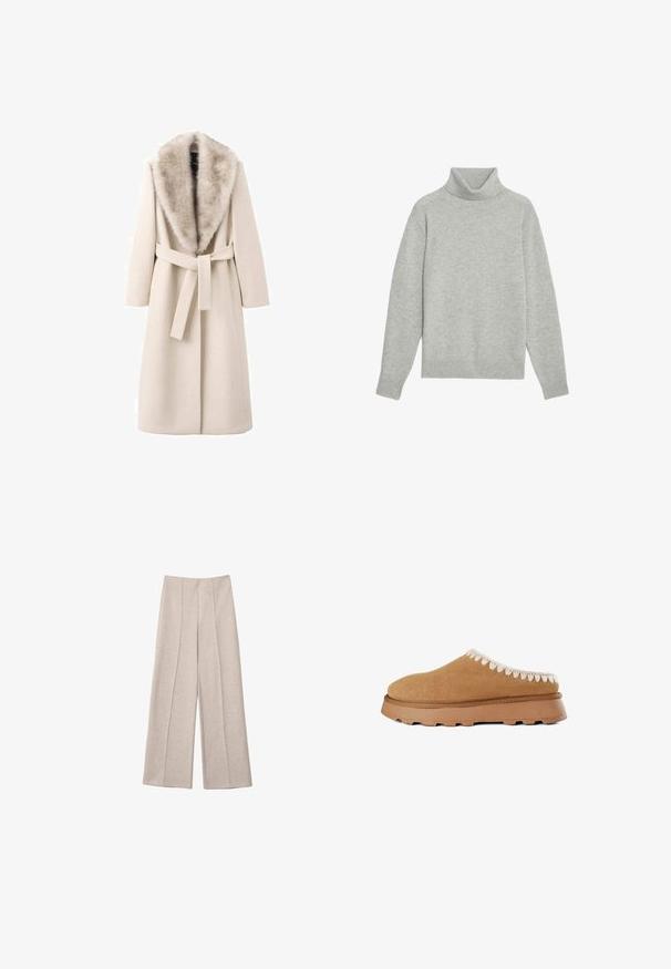 Beige frakke med pelskrave, lange ærmer og bælte i taljen. Fremstillet af blødt materiale med en glat tekstur, har en lige snit.; Lys grå turtle neck sweater lavet af blødt stof; har ribbet krave, lange ærmer og en afslappet pasform.; Beige vide bukser lavet af et blødt stof, med markante for-pletter og en skræddersyet høj talje design, uden synlige lommer.; Brune ruskind slip-on sko med en tekstureret overdel, der har dekorativ beige syning langs kanten og en tykk gummisål.