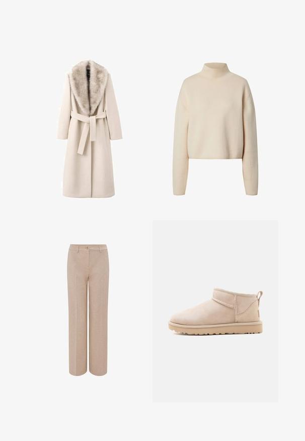 Manteau beige avec col en fourrure, manches longues et taille ceinturée. Fabriqué en matériau doux à texture lisse, présente une coupe droite.; Pull court beige clair avec un col montant, des manches longues et un tricot doux et texturé. Il présente un design sans couture et des poignets côtelés.; Pantalon large beige en tissu doux, avec fermeture par bouton et poches avant plates. Design simple sans motifs visibles.; Bottine beige en daim avec semelle plate, coutures visibles et languette à l'arrière sur un fond blanc uni.