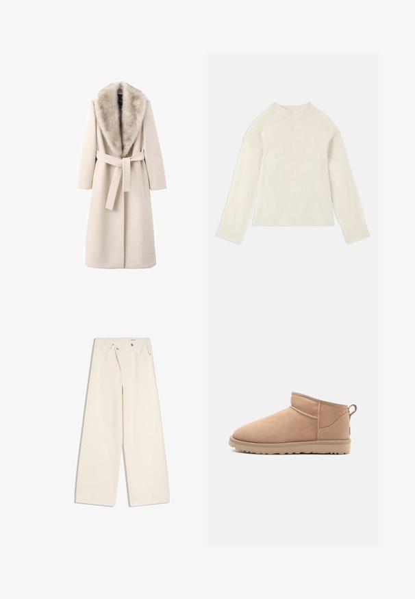 Beige jas met een bontkraag, lange mouwen en een ceintuur in de taille. Gemaakt van zacht materiaal met een gladde textuur, heeft een rechte snit.; Crèmekleurige trui met een ronde hals, lange mouwen en een zachte, gestructureerde gebreide stof. Voorzien van geribbelde manchetten en zoom.; Off-white wijde broek met steekzakken aan de voorkant, lussen voor een riem en zilveren knopen op de tailleband en de randen van de zakken.; Tan suède enkellaars met een afgeronde neus, zachte textuur, eenvoudig ontwerp en een laag profiel rubberen zool. Voorzien van een trekhaak aan de achterkant.