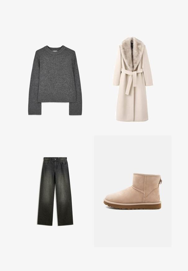 Beige frakke med pelskrave, lange ærmer og bælte i taljen. Fremstillet af blødt materiale med en glat tekstur, har en lige snit.; Grå strikket sweater med lange ærmer, rund hals, ribbede manchetter og kant. Blød tekstur med et let cropped design.; Bredde ben jeans i mørkegrå denim med en falmet finish, fem-lomme design og en knaplukning i taljen.; Beige ruskindsankelstøvle med rund tå, synlige sting og en tekstureret brun gummisål. Har en træksløjfe på bagsiden.