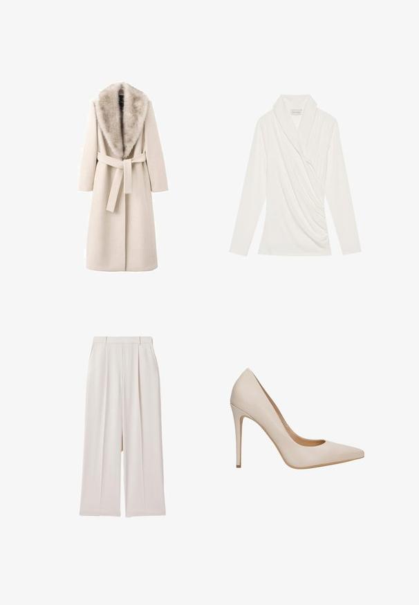 Beige jas met een bontkraag, lange mouwen en een ceintuur in de taille. Gemaakt van zacht materiaal met een gladde textuur, heeft een rechte snit.; Witte blouse met lange mouwen, voorzien van een gedrapeerde halslijn, zachte textuur en gathers aan de zijkant voor een getailleerde uitstraling.; Beige broek met wijde pijpen en hoge taille, voorzien van voorplooien en zijzakken, geschikt voor formele of casual gelegenheden.; Beige leren pumps met hoge hak, een spitse neus, een gladde textuur en een slanke stilettohak. Minimalistisch ontwerp zonder extra versieringen.