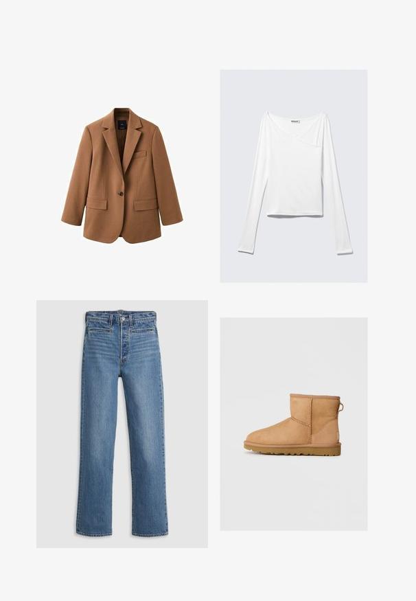 Bruine, op maat gemaakte blazer met notch revers, een enkele knoopsluiting, twee voorkanten zakken en een slanke, gestructureerde silhoeet.; Witte long-sleeve top met een crossover ontwerp en een zak. Gemaakt van een gladde, rekbare stof. Geknipt in een casual, relaxte pasvorm.; Lichtblauwe, straight-leg jeans van denim. Kenmerken zijn onder andere een knoopsluiting, vijf zakken en subtiele vervaging. Geen versieringen of patronen.; Tan suède enkellaars met ronde neus, gestikte details, trekhaak aan de achterkant en een gestructureerde rubberen zool. Ontworpen voor comfort en warmte.