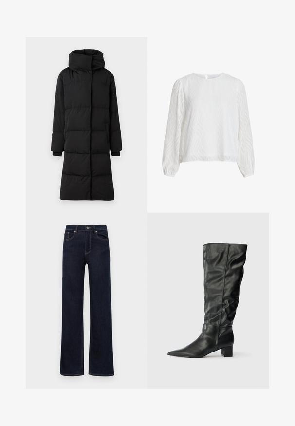 Abrigo acolchado negro, diseño largo con un alto cuello, textura acolchada, bolsillos con cremallera y puños elásticos. Acabado de tela suave.; Blusa blanca de manga larga con un sutil patrón texturizado ondulado, escote redondo y cierre de botones en la parte trasera.; Jeans de mezclilla azul oscuro con piernas rectas, cierre de botón, trabillas para cinturón y cinco bolsillos, exhibidos sobre un fondo blanco.; Botas de cuero negras hasta la rodilla que presentan una punta afilada, un eje caído y un tacón cuadrado. Textura suave con costuras mínimas visibles.