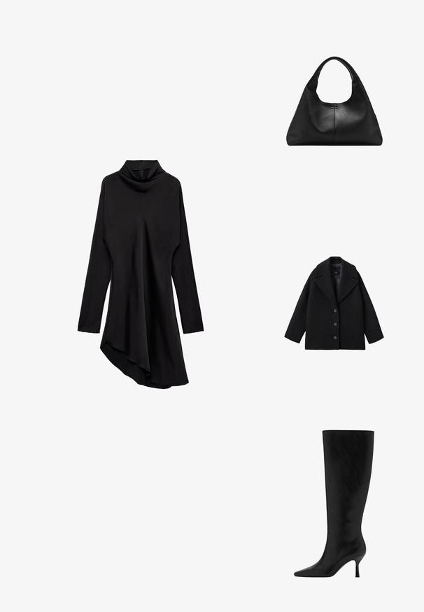Sort uldblandet oversized frakk med brede klapper og tre forknapper, præsenteret mod en hvid baggrund.; Sort langærmet asymmetrisk kjole med høj krave og lynlås i siden, der hænger længere på den ene side.; Sorte læderknæhøje støvler med spids tå og stiletthæl. Glat tekstur med et elegant design, ingen synlige hardware eller dekorationer.; Sort textured læderhåndtaske med bred bund og tykke, afrundede håndtag, der har en central lodret søm og subtil syningsdetalje.