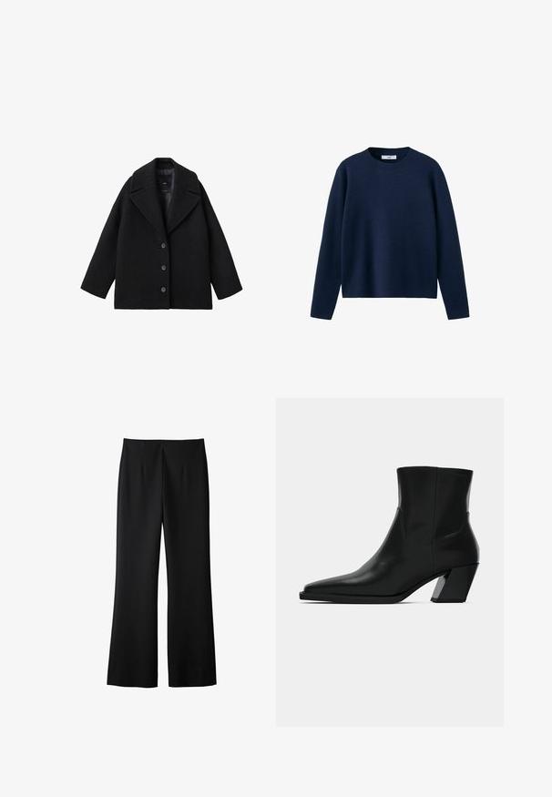 Sort uldblandet oversized frakk med brede klapper og tre forknapper, præsenteret mod en hvid baggrund.; Marineblå langærmet sweater med rund hals, ribstrikket krave, lige kant og enkel, ensfarvet struktur.; Sorte brede bukser lavet af et glat stof, med et enkelt design, forknydder og en skræddersyet finish uden synligt hardware.; Sortlæder ankelstøvle med spids tå, en slank silhuet og en kraftig firkantet hæl. Glat tekstur med minimale stikninger.