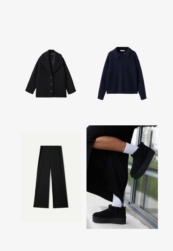 Sort uldblandet oversized frakk med brede klapper og tre forknapper, præsenteret mod en hvid baggrund.; Marineblå strikket langærmet sweater med en bred, spids krave og en afslappet pasform på en hvid baggrund.; Bershka WIDE - Bukser - black; Sorte suede ankelstøvler med flad sål, med en bageste træksløjfe, båret med hvide ankelstrømper mod en minimalistisk baggrund.