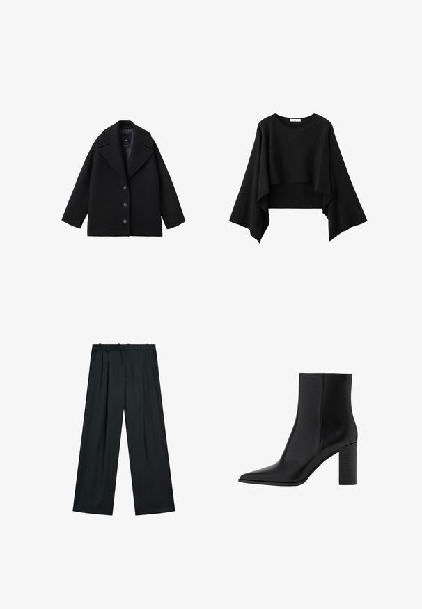 Schwarzer Wollmischung Oversized-Mantel mit breiten Revers und drei vorderen Knöpfen, vor einem weißen Hintergrund präsentiert.; Schwarzes, kurzes Top mit weiten, fließenden langen Ärmeln und rundem Ausschnitt, gefertigt aus weichem Stoff.; Schwarze weit geschnittene Hose mit gefaltetem Vorderteil, Taillenbund mit Gürtelschlaufen und seitlichen Taschen. Hergestellt aus einem glatten Stoff mit einem schlichten Design.; Schwarze Leder-Ankle Boots mit spitzem Zehenbereich, quadratischem Absatz, glatter Textur und Nähten entlang der Nähte. Die Absätze messen ungefähr 8,9 cm.