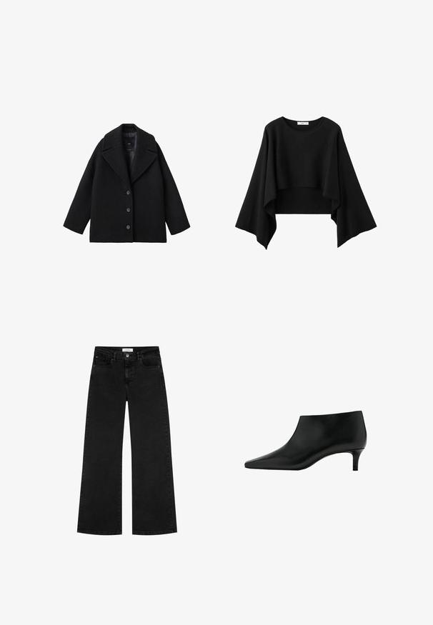 Manteau oversize en mélange de laine noir avec larges revers et trois boutons à l'avant, présenté sur un fond blanc.; Haut noir court avec de larges manches longues fluides et un col rond, en tissu doux.; Jean large noir taille haute avec poches avant et poches à monnaie, fermeture à bouton et passants de ceinture.; Bottine en cuir noir avec bout pointu et petit talon kitten, conçue pour un port élégant et formel.